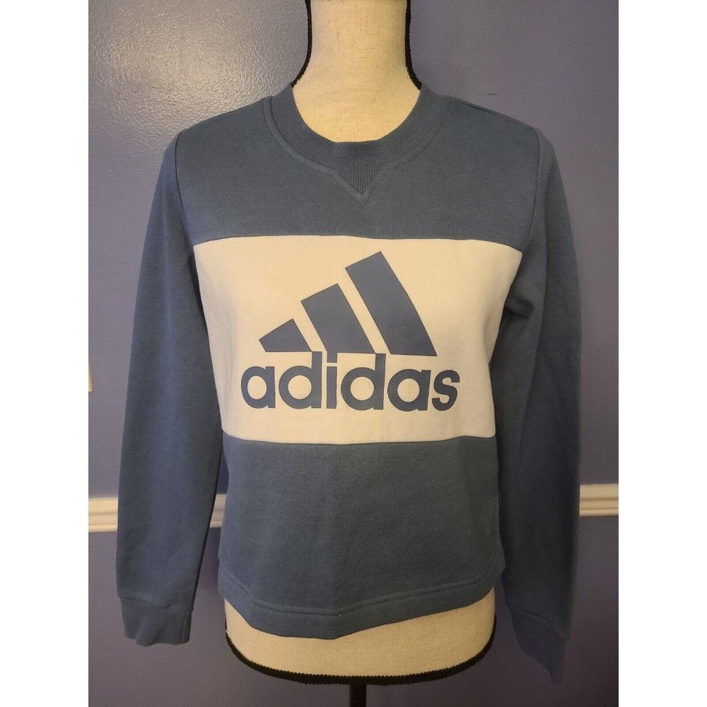 NWOT Adidas Sweatshirt Women's SMALL Blue/White Fleece Colorblock Crop Crew new